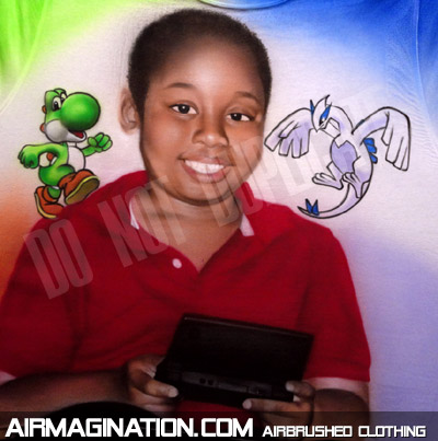 child portrait with game characters shirt
